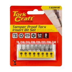 TORK CRAFT Insert Bit Set 8pce Torx Tamper Resistant Tx 8 10 15 20 25 27 30 40